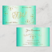 発光ティール(緑がかった色)華美金ゴールドコー縁どナーイニシャル 名刺 (正面/裏面)