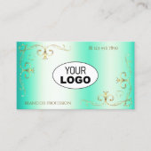 発光ティール（緑がかった色）華美金ゴールド縁どコーナー（ロゴ） 名刺 (正面)