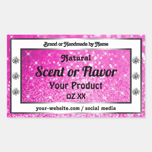 発光ピンクグリッタースパークルスター製品ラベル 長方形シール (正面)