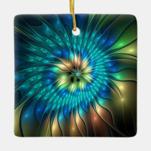 発光ファンタジーフラワーカラフル、抽象芸術フラクタル セラミックオーナメント (正面)