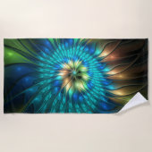 発光ファンタジーフラワーカラフル、抽象芸術フラクタル ビーチタオル (正面)