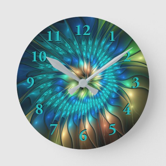 発光ファンタジーフラワーカラフル、抽象芸術フラクタル ラウンド壁時計 (正面)