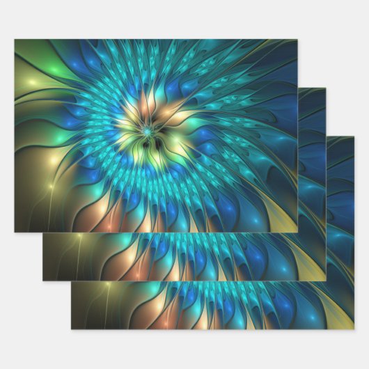 発光ファンタジーフラワーカラフル、抽象芸術フラクタル ラッピングペーパーシート (セット)