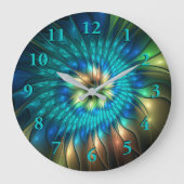 発光ファンタジーフラワーカラフル、抽象芸術フラクタル ラージ壁時計 (正面)