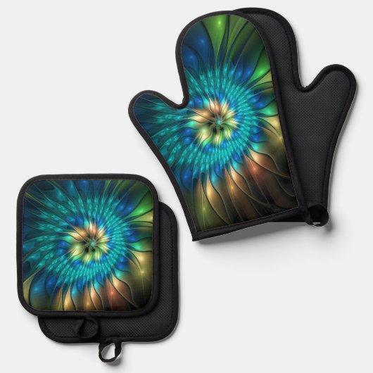 発光ファンタジーフラワーカラフル、抽象芸術フラクタル 鍋つかみ&鍋敷きセット (正面/裏面)