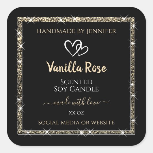 発光ブラック金ゴールドグリッター星の製品ラベル スクエアシール (正面)