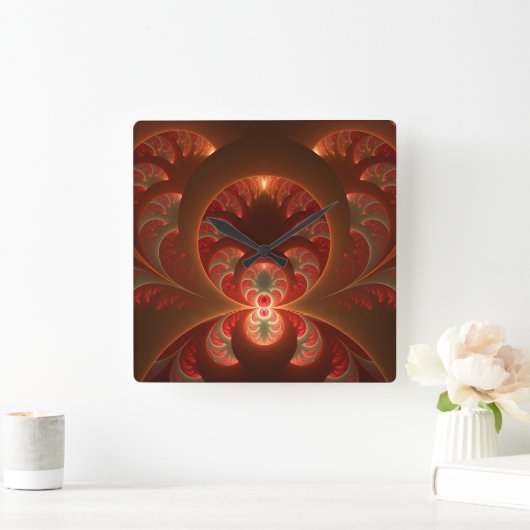 発光抽象芸術モダンオレンジ赤フラクタル スクエア壁時計 (ホーム)