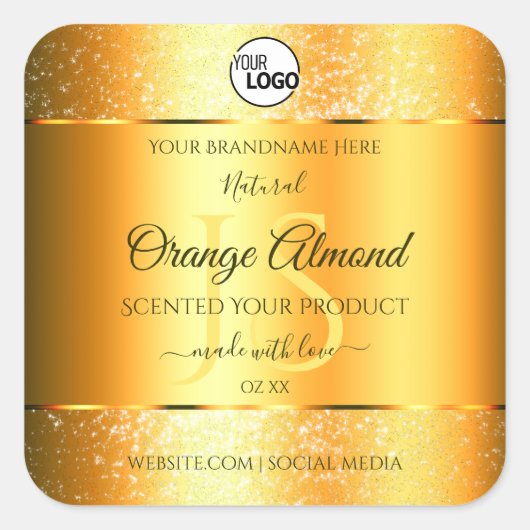 発光金ゴールドオレンジスパークリーグリッターイニシャルロゴ スクエアシール (正面)