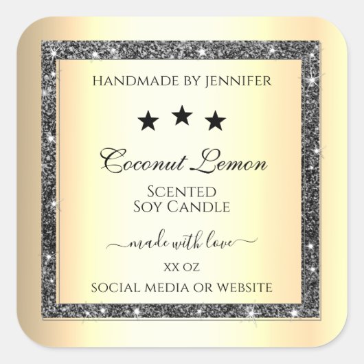 発光銀グリッター金ゴールド効果製品ラベル スクエアシール (正面)