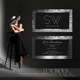 発光銀スパークルグリッターモノグラムブラック 名刺