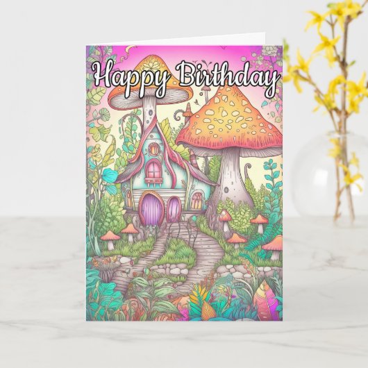 発芽カラフルキノコ小屋イラストレーション カード (黄色い花)