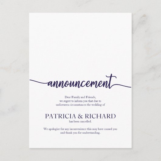 発表の取り消し結婚されたネイビー・ブルー・スクリプト ポストカード (正面)
