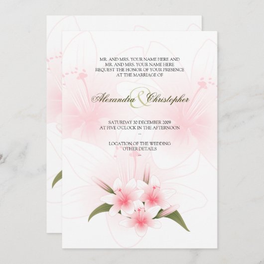 発表を結婚しているピンク及び白いユリ 招待状 (正面/裏面)