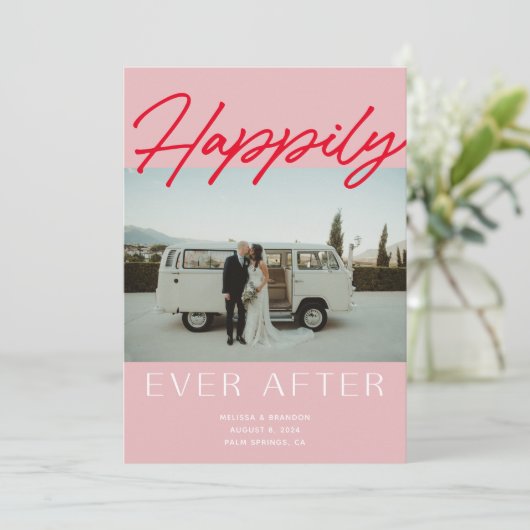 発表カードの後ずっと結婚幸せにピンク色 招待状 (スタンド正面)