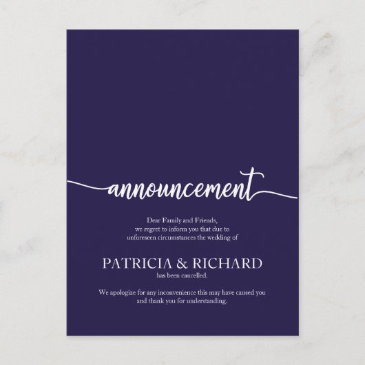 発表中止結婚のネイビエレガントーブルー ポストカード (正面)