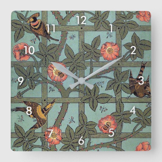 登山バラ&スモールバードウィリアムモリス スクエア壁時計 (正面)