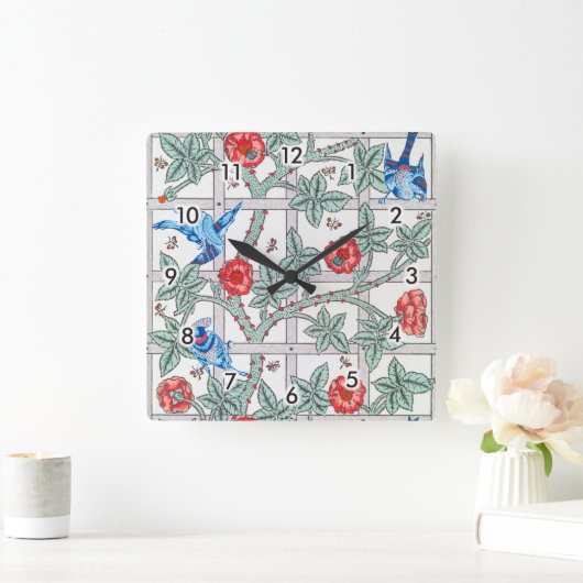 登山バラ&スモールバードウィリアムモリス スクエア壁時計 (ホーム)