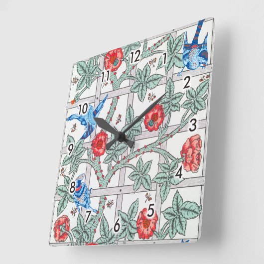 登山バラ&スモールバードウィリアムモリス スクエア壁時計 (傾斜)