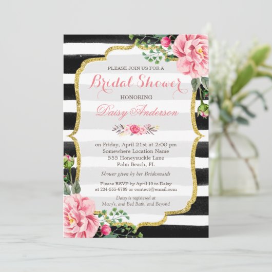 (登記簿)ブライダルシャワー水色フローラストライプ 招待状 (スタンド正面)