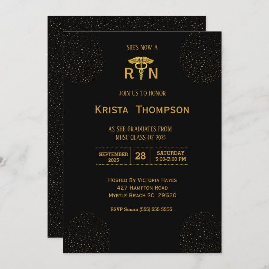登録エレガントナース卒業黒金ゴールド請求書 招待状 (正面/裏面)