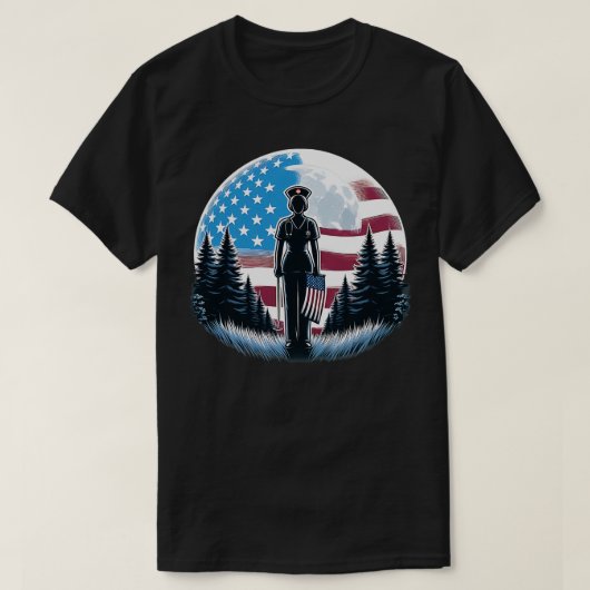 登録ナースアメリカ国旗の満月の看護R Tシャツ (デザイン正面)