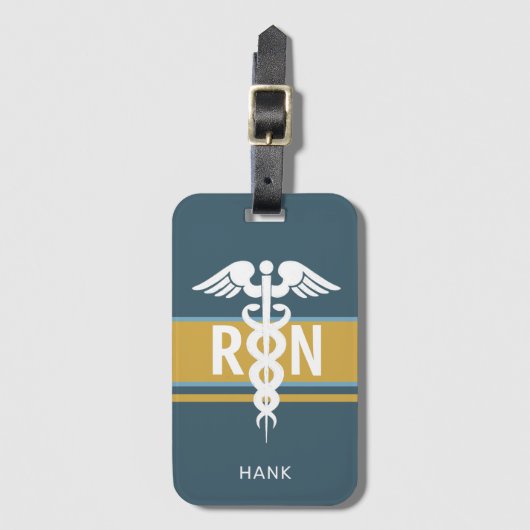 登録ナースブルー金ゴールドカドゥセウスパーソナライズされた ラゲッジタグ (正面縦)