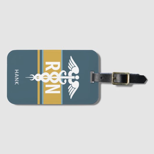 登録ナースブルー金ゴールドカドゥセウスパーソナライズされた ラゲッジタグ (正面横)