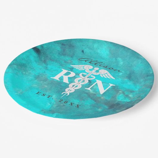 登録ナース卒業パーティティール（緑がかった色）大理石 ペーパープレート (アングル)