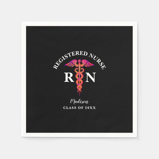 登録ナース卒業ピンクブラックカドゥセウス スタンダードカクテルナプキン (正面)