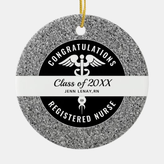 登録ナース大学院銀グリッターモノグラム セラミックオーナメント (正面)