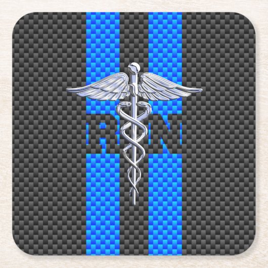 登録ナースRNカドゥセウス炭素繊維ストライプ繊維 スクエアペーパーコースター (正面)