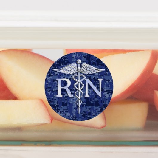 登録ナースRNシルバーカドゥセウス海軍ブルー迷彩柄 ラベル (貼付)