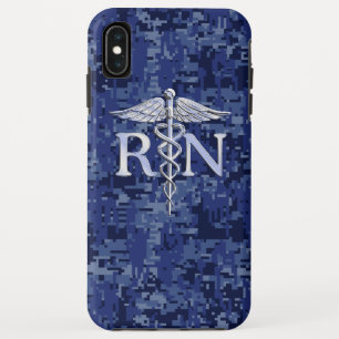 登録ナースRNシルバーカドゥセウス海軍ブルー迷彩柄 iPhone XS MAXケース