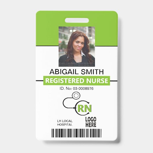 登録ナースRNライムグリーン写真テンプレート バッジ (正面)