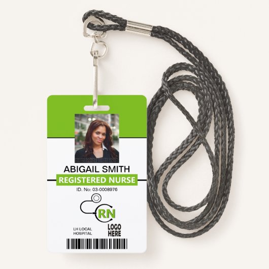 登録ナースRNライムグリーン写真テンプレート バッジ (正面ランヤード)