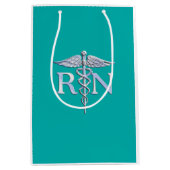 登録ナースRN Caduceusオン鮮やかターコイズ ミディアムペーパーバッグ (正面)