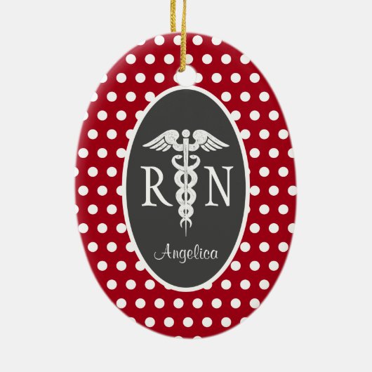 登録ナースRN Caduceus パーソナライズされた Red セラミックオーナメント (裏面)