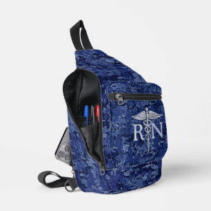 登録ナースRN Caduceus on Navy Blue迷彩柄 スリングバッグ