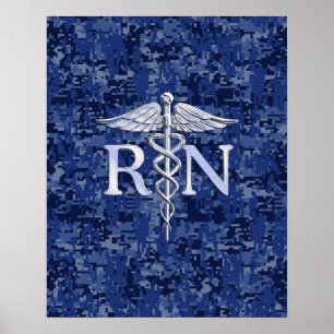 登録ナースRN Caduceus on Navy Blue迷彩柄 ポスター