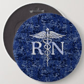 登録ナースRN Caduceus on Navy Blue迷彩柄 缶バッジ (正面&裏面)