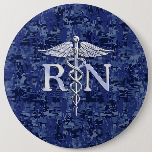 登録ナースRN Caduceus on Navy Blue迷彩柄 缶バッジ (正面)