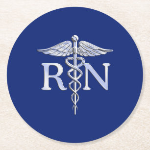 登録ナースRN Caduceus on Navy Blue Decor ラウンドペーパーコースター