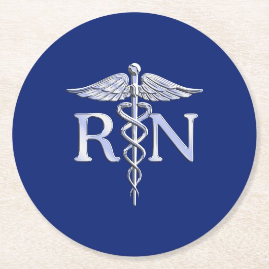 登録ナースRN Caduceus on Navy Blue Decor ラウンドペーパーコースター (正面)