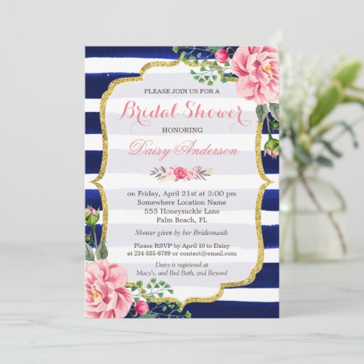 (登録原簿)ブライダルシャワーネイビーストライプル花 招待状 (スタンド正面)