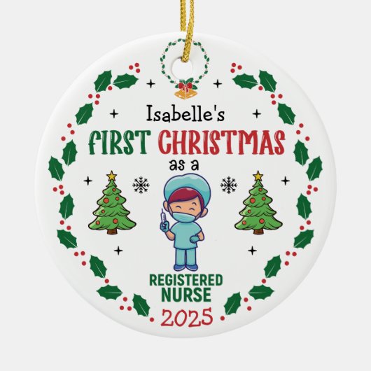 登録済みナース初めてのクリスマスパーソナライズされたツリー セラミックオーナメント (正面)