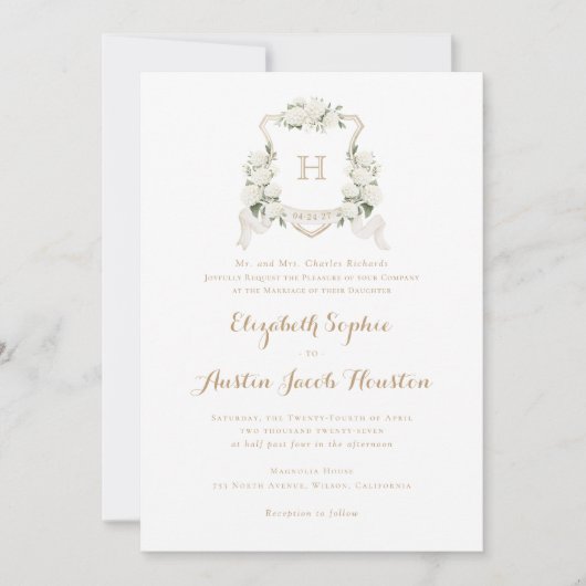 白あじさい緑のクレストモノグラム結婚ズ 招待状 (正面)