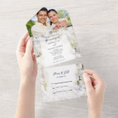 白あじさい花の水色結婚の オールインワン招待状 (貼ってはがせる)