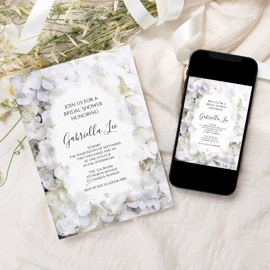 白あじさい花ウォーターカラーブライダルシャワー 招待状