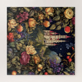 白いおとぎ話の城の夜の満月の花 ジグソーパズル (横)