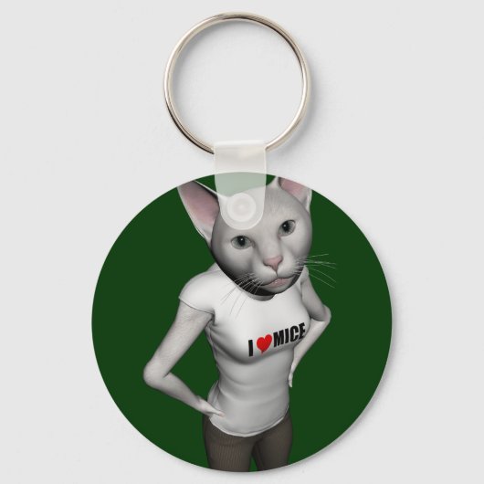 白いおもしろいシャム猫がネズミ キーホルダー (正面)